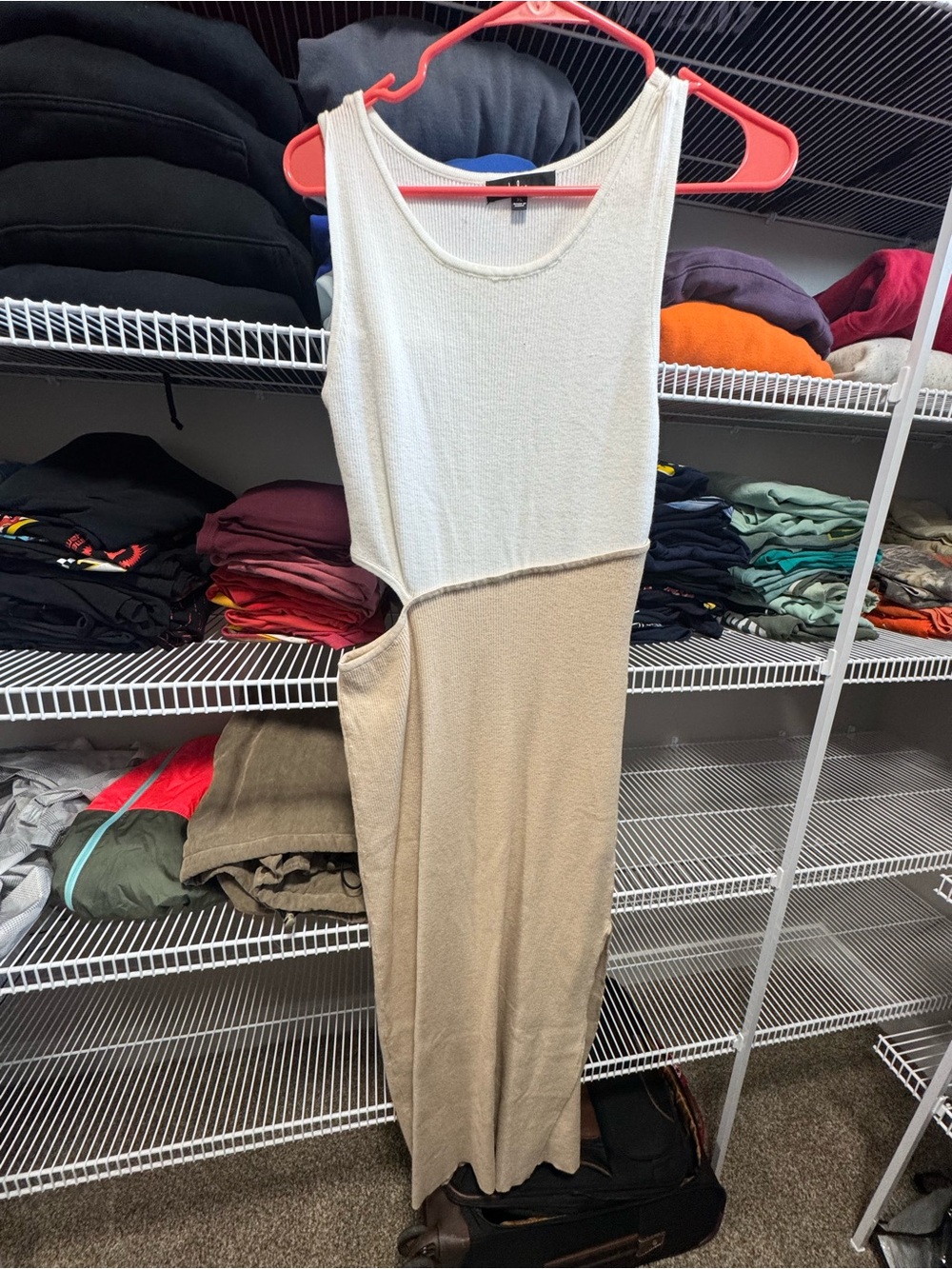 Lulu's Two-Tone Asymmetrical Cutout Maxi Dress in White and Beige